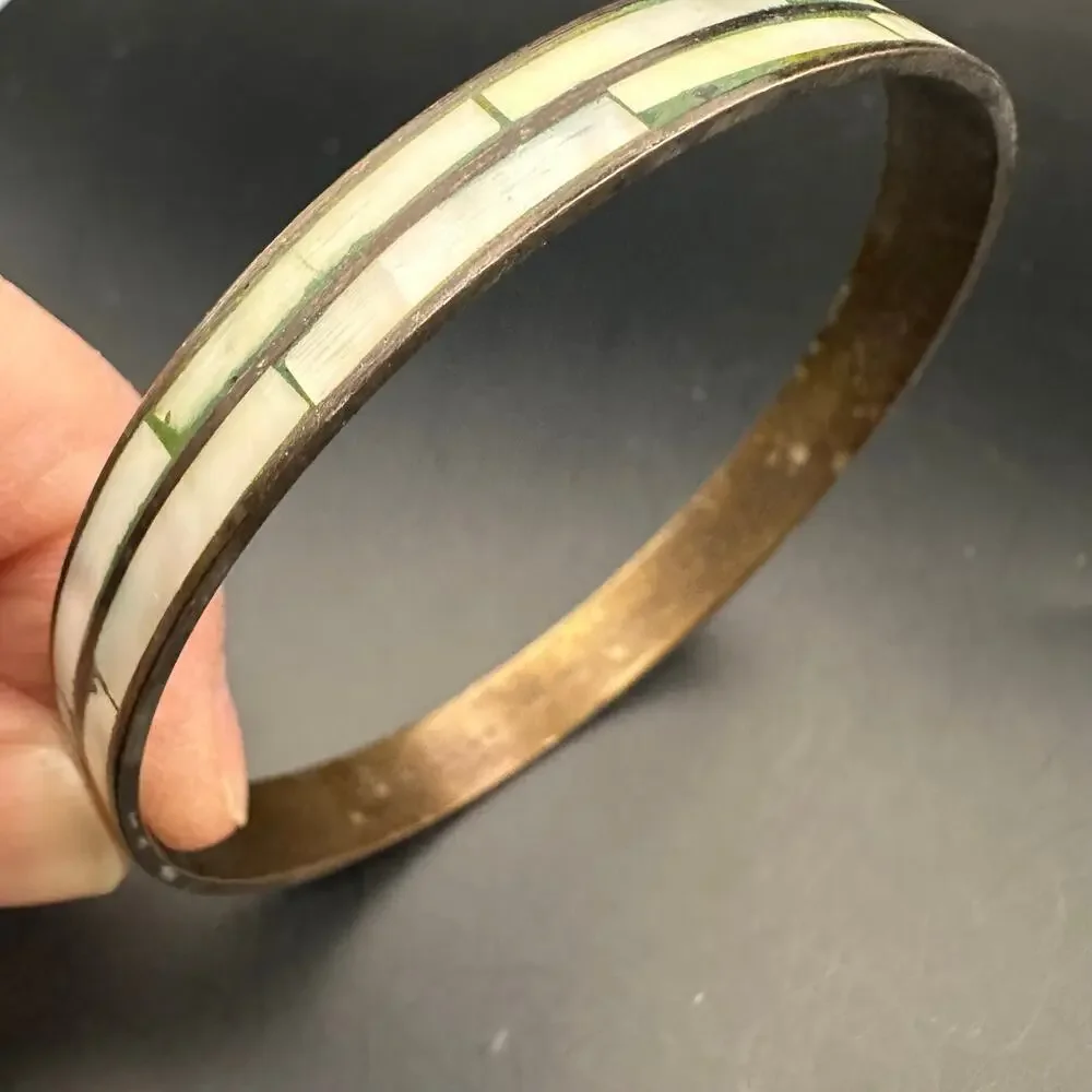 Mother of Pearl Brass Bangle Bracelet Summer MOP Retro Boho Bohemian Jewelry